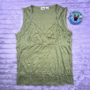 Babydoll Lace Trim Tank‎ Top Women's Medium Green Top Y2K Fairy Grunge Wrinkle